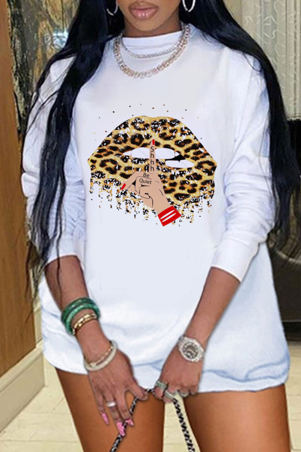 Yellow Fashion Casual Lips Printed Basic O Neck Long Sleeve Dresses