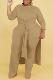 Khaki Casual Solid Split Joint Slit O Neck Long Sleeve Two Pieces