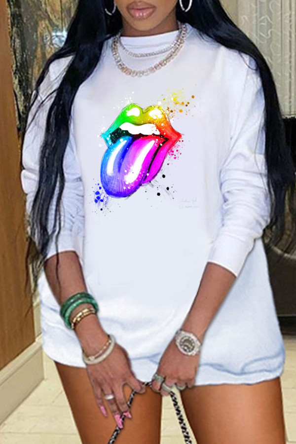 Colour Fashion Casual Lips Printed Basic O Neck Long Sleeve Dresses