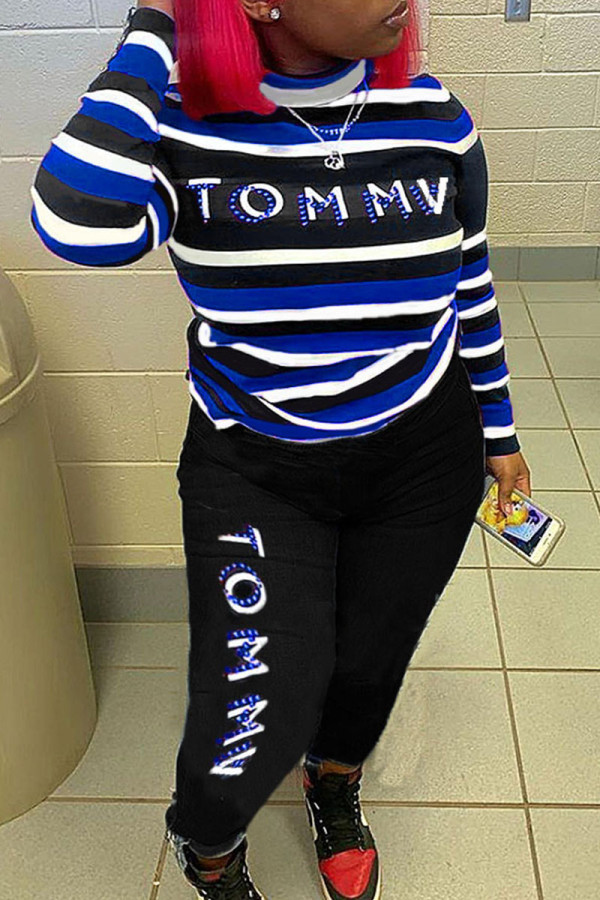 Royal Blue Casual Striped Print Patchwork O Neck Long Sleeve Two Pieces