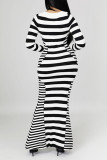Black And White Casual Striped Print Patchwork Square Collar Long Sleeve Dresses