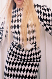 Black And White Sexy Plaid Patchwork O Neck Pencil Skirt Dresses