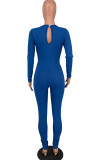 Blue Sexy Solid Hollowed Out Patchwork Fold O Neck Regular Jumpsuits