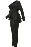 Black Casual Two Piece Suits Patchwork ruffle Solid pencil Long Sleeve