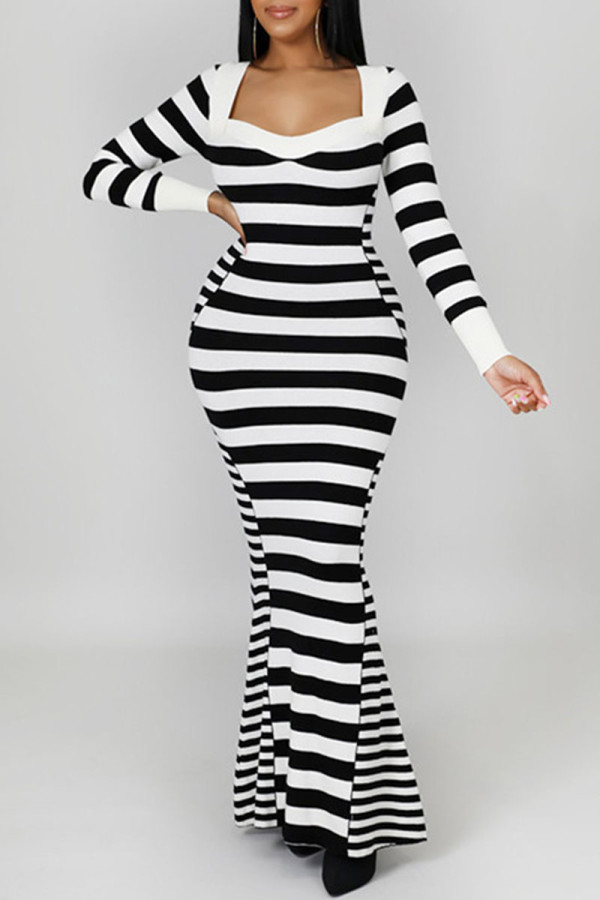 Black And White Casual Striped Print Patchwork Square Collar Long Sleeve Dresses