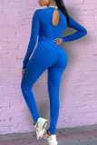 Blue Sexy Solid Hollowed Out Patchwork Fold O Neck Regular Jumpsuits