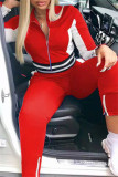 Red Fashion Casual Patchwork Basic Zipper Collar Long Sleeve Two Pieces