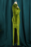 Light Green Sexy Solid Hollowed Out Patchwork Slit Beading Turtleneck Long Sleeve Dresses