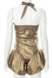 Gold Fashion Sexy Solid Bandage Backless Halter Regular Romper