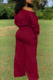 Burgundy Fashion Casual Print Basic Oblique Collar Long Sleeve Two Pieces