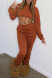 Brown Fashion Casual Solid Basic Hooded Collar Long Sleeve Two Pieces