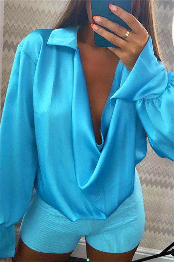 Blue Fashion Casual Solid Basic Turndown Collar Tops