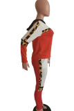 Rose Red Fashion Casual Leopard Patchwork O Neck Long Sleeve Two Pieces