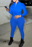 Blue Fashion Casual Solid Basic Zipper Collar Long Sleeve Two Pieces