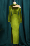 Light Green Sexy Solid Hollowed Out Patchwork Slit Beading Turtleneck Long Sleeve Dresses