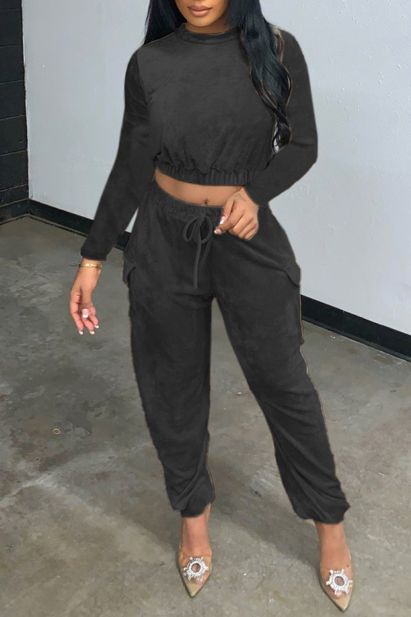 Black Fashion Casual Solid Basic O Neck Long Sleeve Two Pieces