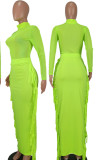 Fluorescent Green Sexy Solid Tassel Split Joint See-through O Neck Long Sleeve Two Pieces