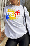 White Casual Daily Print Patchwork O Neck Tops