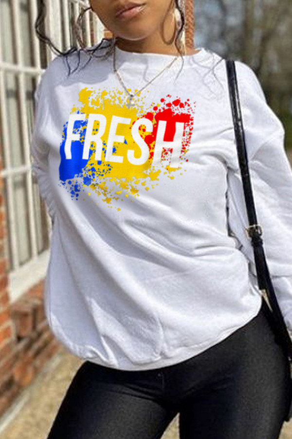 White Casual Daily Print Patchwork O Neck Tops