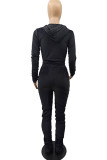 Black Fashion Sexy Adult Pleuche Solid Fold Hooded Collar Long Sleeve Regular Sleeve Regular Two Pieces