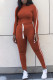 Brownness Casual Solid Patchwork O Neck Long Sleeve Two Pieces