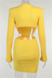 Rose Red Sexy Casual Solid Hollowed Out V Neck Long Sleeve Dresses