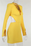 Rose Red Sexy Casual Solid Hollowed Out V Neck Long Sleeve Dresses