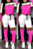 Rose Red Fashion Casual Leopard Patchwork O Neck Long Sleeve Two Pieces