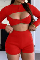 Red Sexy Casual Solid Hollowed Out Split Joint O Neck Long Sleeve Two Pieces