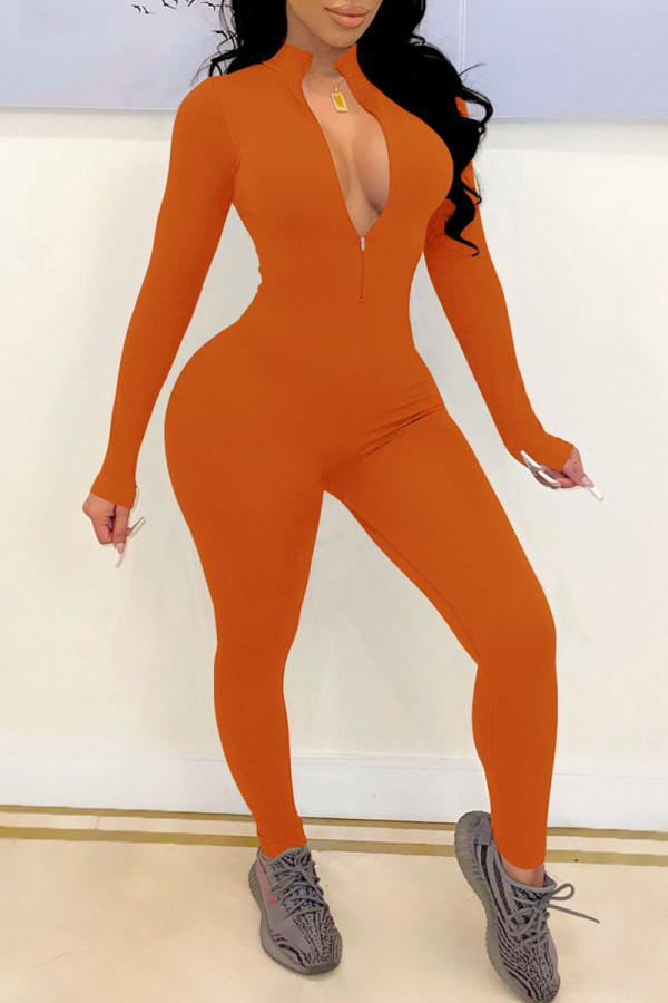 Brown Casual Sportswear Solid Basic Zipper Collar Skinny Jumpsuits