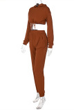 Brown Fashion Casual Solid Basic Hooded Collar Long Sleeve Two Pieces