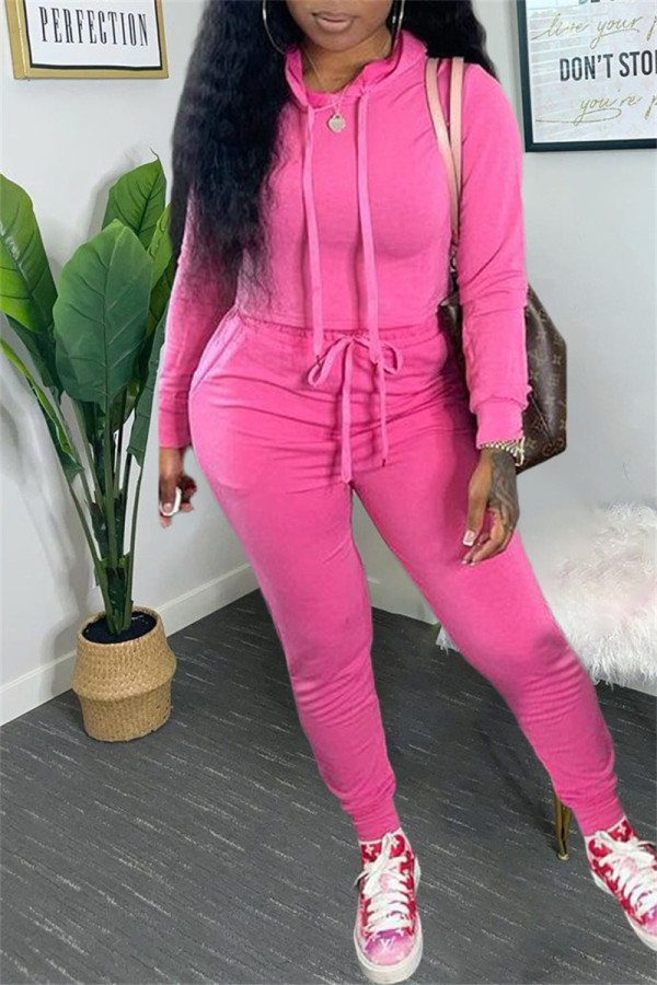 Rose Red Fashion Casual Solid Basic Hooded Collar Long Sleeve Two Pieces