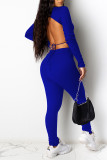 Blue Sexy Solid Split Joint Frenulum Backless O Neck Long Sleeve Two Pieces
