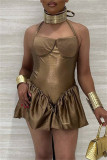 Gold Fashion Sexy Solid Bandage Backless Halter Regular Romper