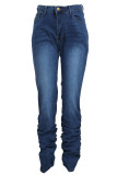 Dark Blue Casual Solid Split Joint Fold High Waist Regular Denim Jeans(Without Belt)