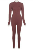 Brown Sexy Casual Solid Hollowed Out Half A Turtleneck Skinny Jumpsuits