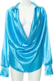 Blue Fashion Casual Solid Basic Turndown Collar Tops