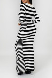Black And White Casual Striped Print Patchwork Square Collar Long Sleeve Dresses