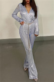 Pink Fashion Casual Solid With Belt V Neck Regular Jumpsuits