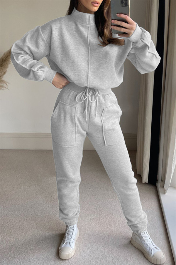 Grey Fashion Casual Solid Patchwork Turtleneck Long Sleeve Two Pieces