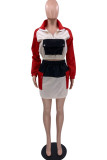 Red Fashion Casual Patchwork Basic Turndown Collar Long Sleeve Two Pieces
