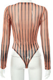 Brown Sexy Striped Print Patchwork See-through O Neck Long Sleeve Two Pieces