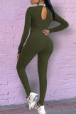 Blue Sexy Solid Hollowed Out Patchwork Fold O Neck Regular Jumpsuits