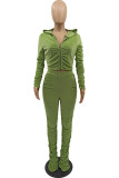 Green Fashion Sexy Adult Pleuche Solid Fold Hooded Collar Long Sleeve Regular Sleeve Regular Two Pieces