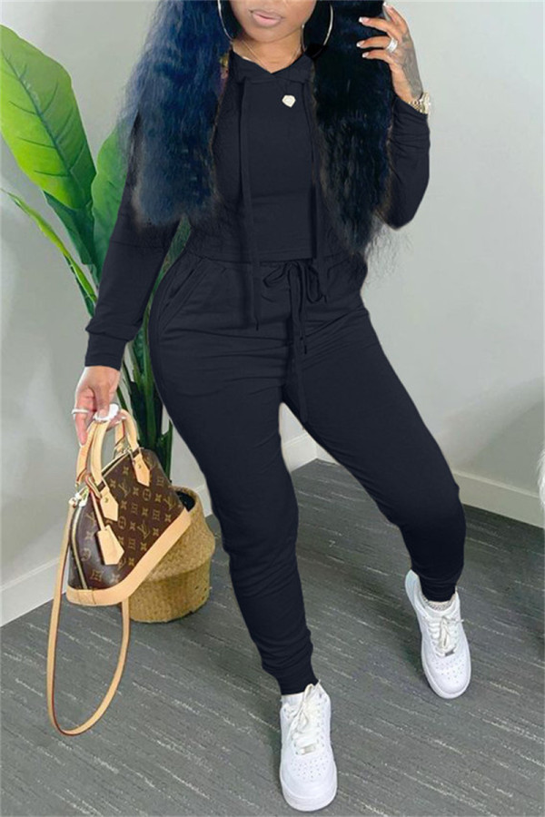 Black Fashion Casual Solid Basic Hooded Collar Long Sleeve Two Pieces