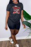 Grey Fashion Vintage Print Patchwork Letter O Neck T-Shirts