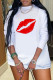 White Red Fashion Casual Lips Printed Basic O Neck Long Sleeve Dresses