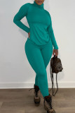Cyan Casual Solid Split Joint Turtleneck Long Sleeve Two Pieces