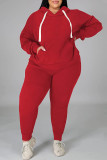 Red Fashion Casual Solid Hot Drill Hooded Collar Plus Size Two Pieces