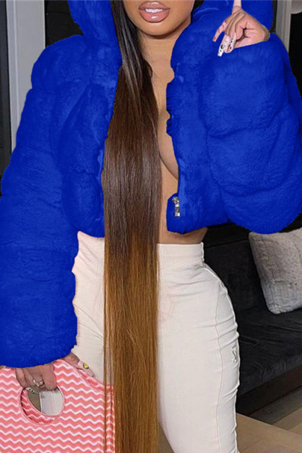 Royal Blue Fashion Casual Solid Cardigan Hooded Collar Outerwear
